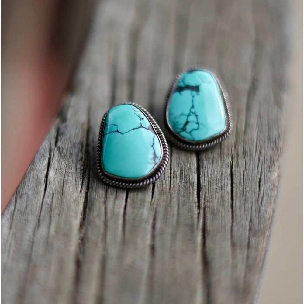 Artie Yellowhorse Earrings, Signed Navajo Sterling Silver Spiderweb Turquoise,